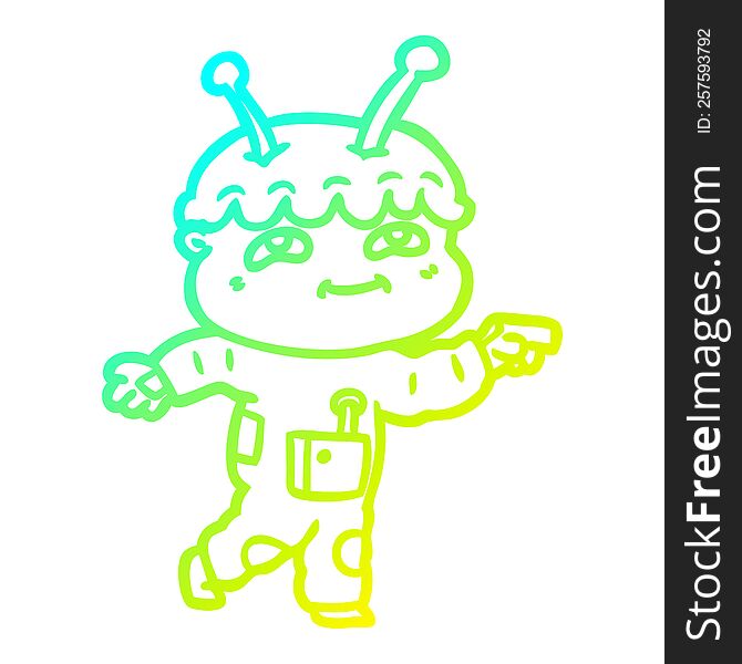 Cold Gradient Line Drawing Friendly Cartoon Spaceman Pointing