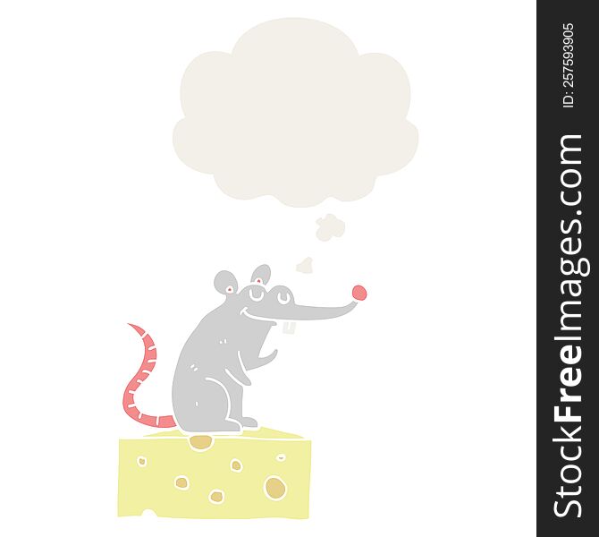 Cartoon Mouse Sitting On Cheese And Thought Bubble In Retro Style