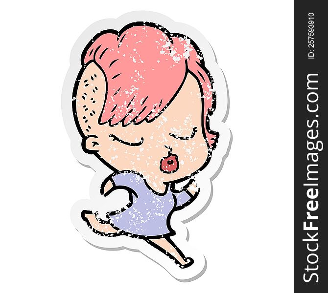 Distressed Sticker Of A Cartoon Pretty Hipster Girl