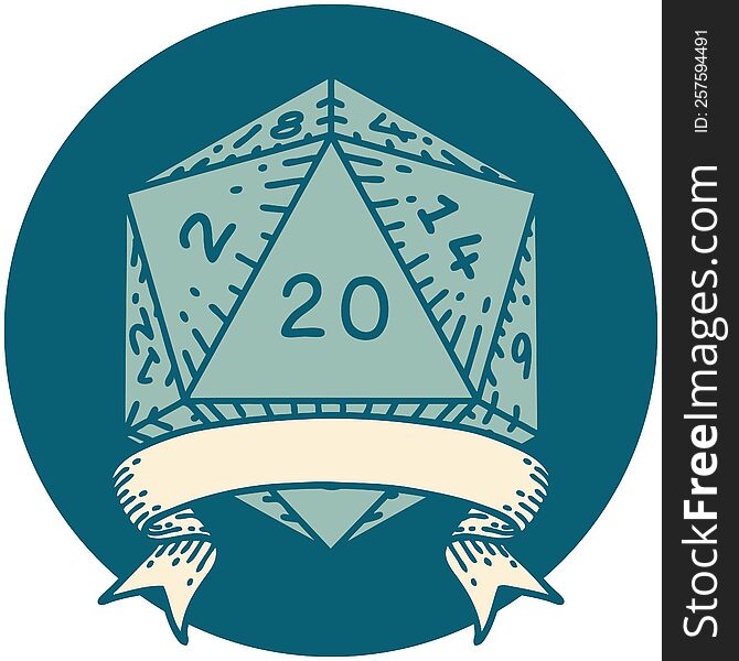 Retro Tattoo Style natural 20 critical hit D20 dice roll. Retro Tattoo Style natural 20 critical hit D20 dice roll