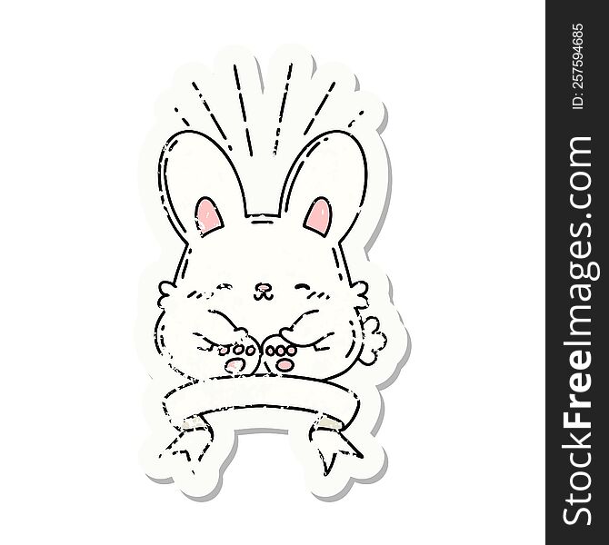 worn old sticker of a tattoo style happy rabbit. worn old sticker of a tattoo style happy rabbit
