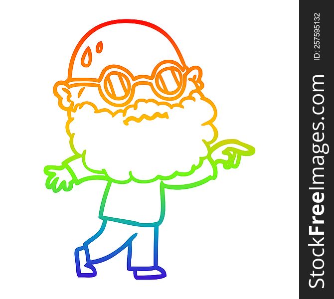 rainbow gradient line drawing of a cartoon worried man with beard and spectacles pointing finger