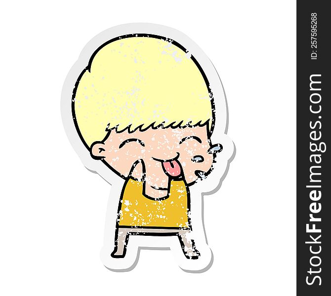 distressed sticker of a cartoon boy blowing raspberry