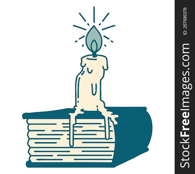 illustration of a traditional tattoo style candle melting on book