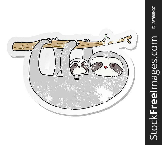 distressed sticker of a quirky hand drawn cartoon sloth and baby