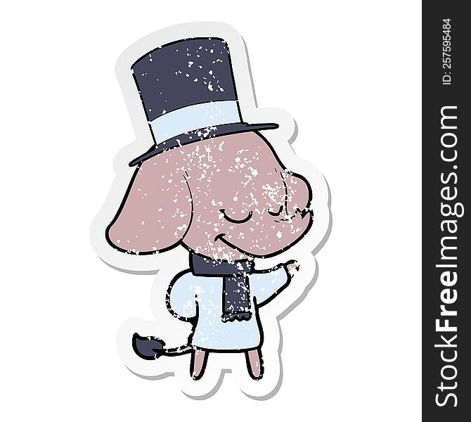 Distressed Sticker Of A Cartoon Smiling Elephant Wearing Top Hat