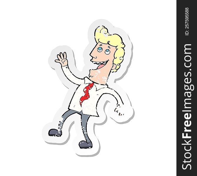 retro distressed sticker of a cartoon happy office man