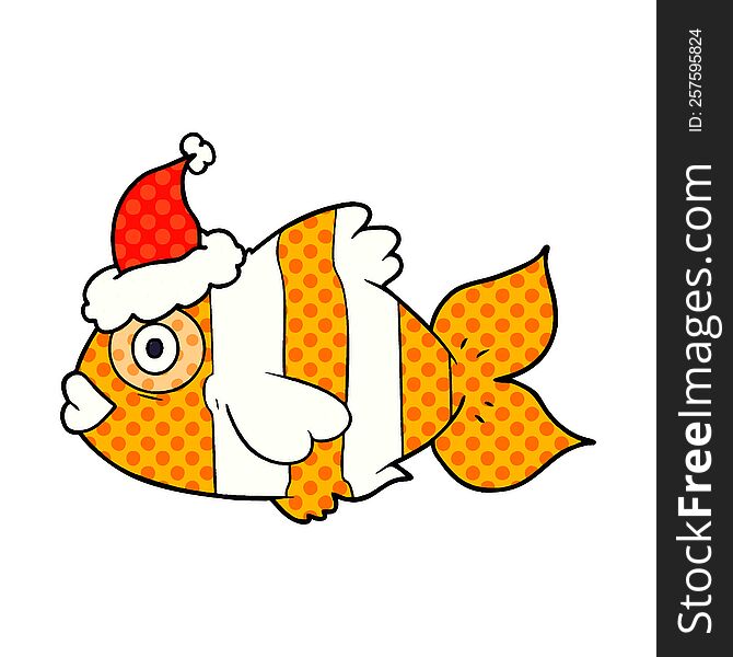 comic book style illustration of a exotic fish wearing santa hat