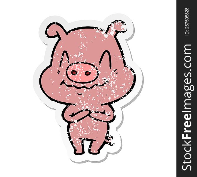 Distressed Sticker Of A Nervous Cartoon Pig