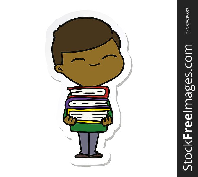 sticker of a cartoon smiling boy with stack of books