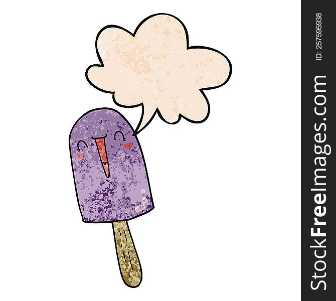 cartoon happy ice lolly with speech bubble in retro texture style
