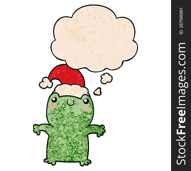 Cute Cartoon Frog Wearing Christmas Hat And Thought Bubble In Grunge Texture Pattern Style