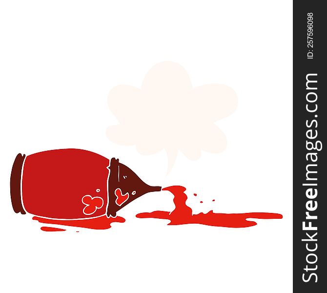Cartoon Spilled Ketchup Bottle And Speech Bubble In Retro Style
