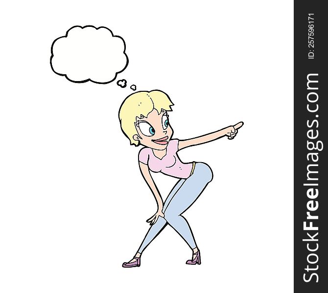 Cartoon Pretty Woman Pointing With Thought Bubble