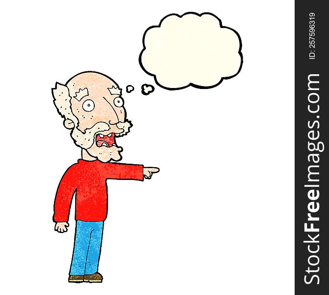 Cartoon Scared Old Man Pointing With Thought Bubble