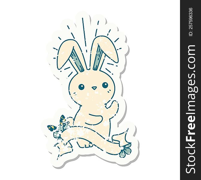 worn old sticker of a tattoo style cute bunny. worn old sticker of a tattoo style cute bunny