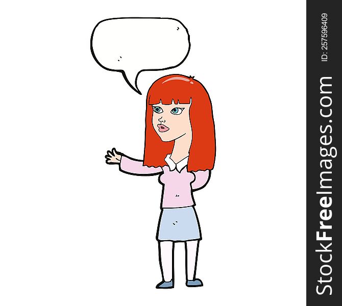 Cartoon Woman Gesturing To Show Something With Speech Bubble