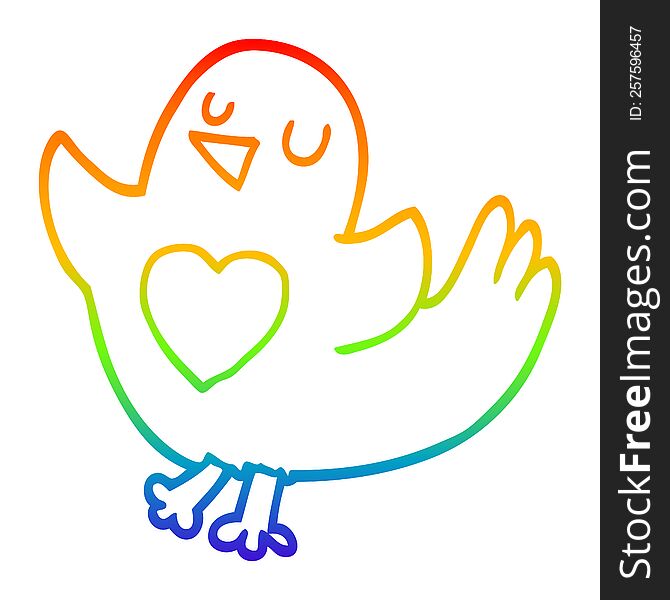 rainbow gradient line drawing of a cartoon bird with heart