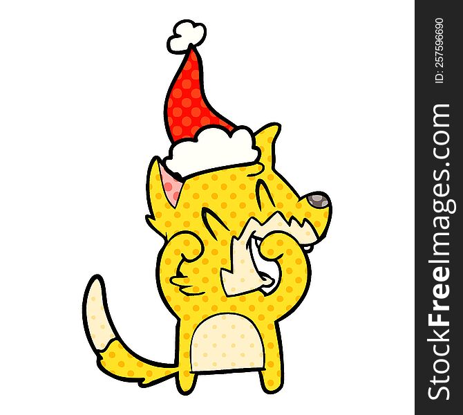 laughing fox hand drawn comic book style illustration of a wearing santa hat