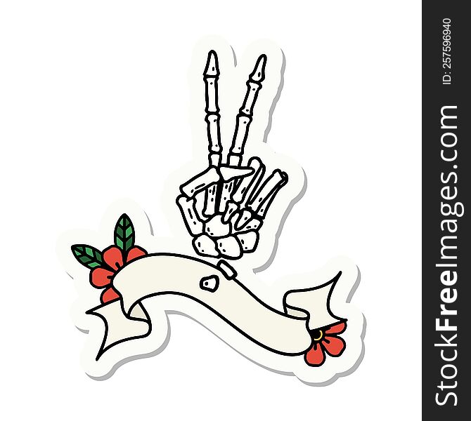 tattoo style sticker with banner of a skeleton giving a peace sign. tattoo style sticker with banner of a skeleton giving a peace sign