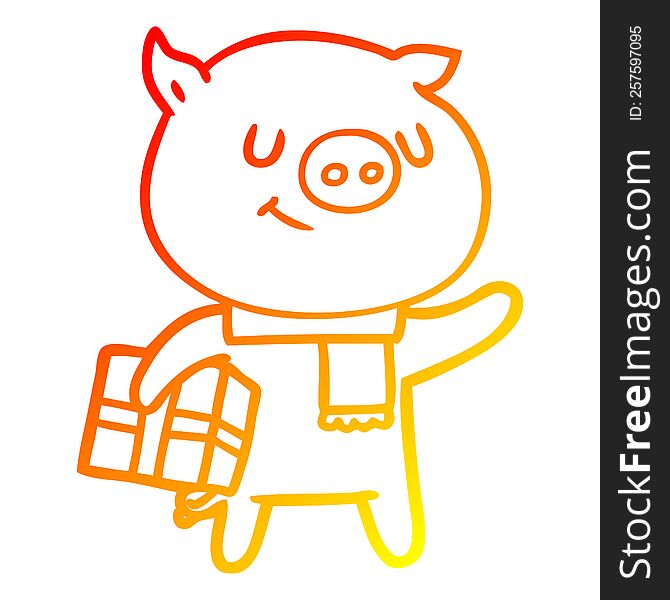 Warm Gradient Line Drawing Happy Cartoon Pig With Christmas Present