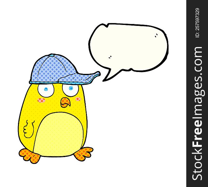 freehand drawn comic book speech bubble cartoon bird in cap