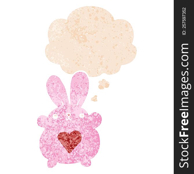 Cute Cartoon Rabbit With Love Heart And Thought Bubble In Retro Textured Style
