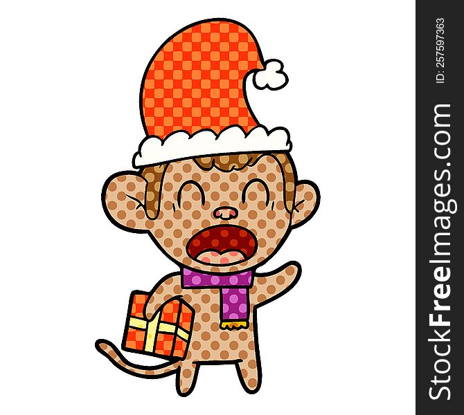 shouting cartoon monkey carrying christmas gift. shouting cartoon monkey carrying christmas gift