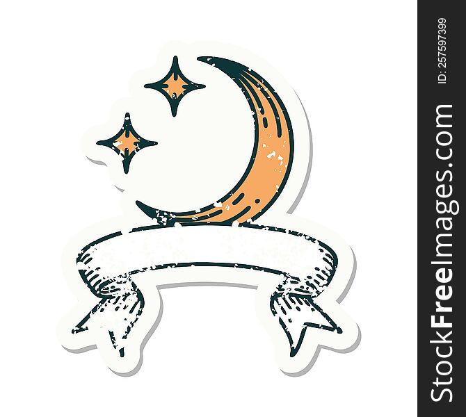 Grunge Sticker With Banner Of A Moon And Stars