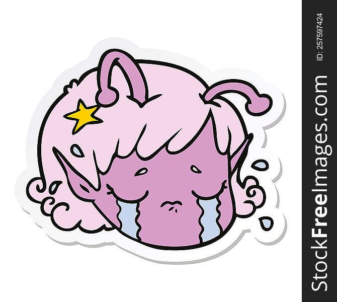 sticker of a cartoon alien space girl face crying