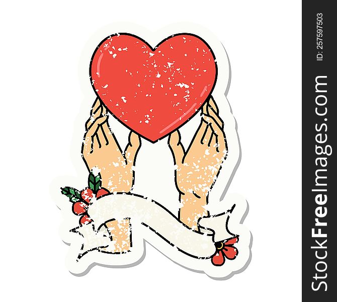 grunge sticker with banner of a hands reaching for a heart