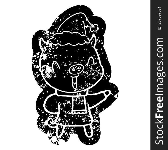 happy quirky cartoon distressed icon of a pig in winter clothes wearing santa hat