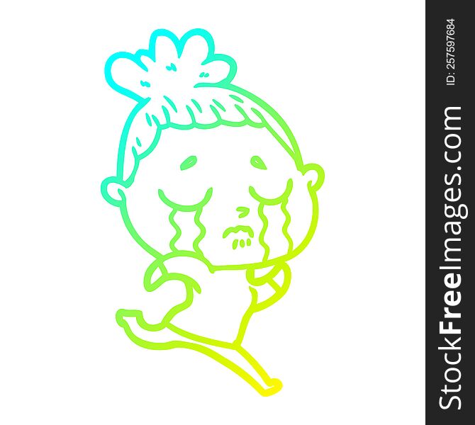 cold gradient line drawing of a cartoon crying woman running away