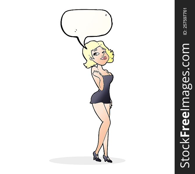 Cartoon Attractive Woman In Short Dress With Speech Bubble