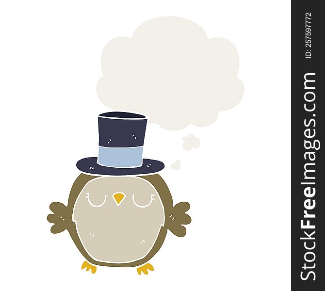 cartoon owl wearing top hat with thought bubble in retro style