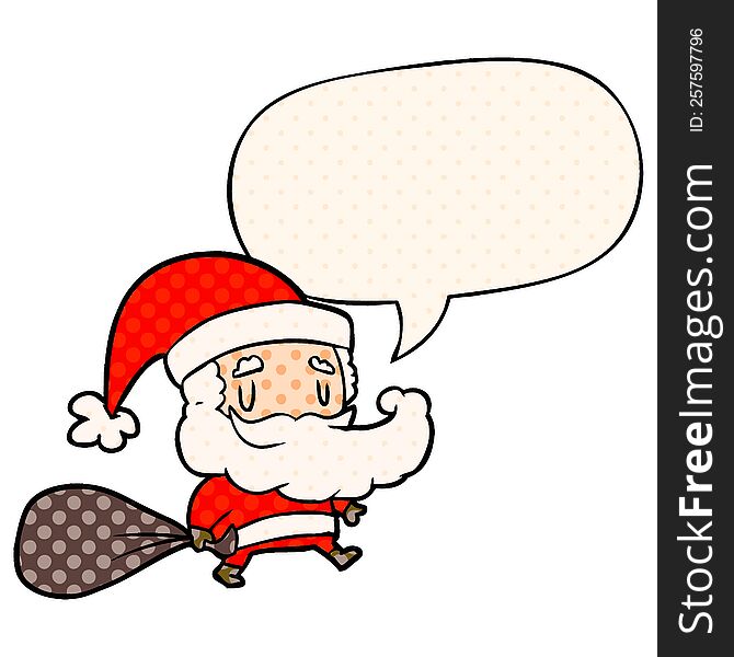 cartoon santa claus carrying sack of presents with speech bubble in comic book style