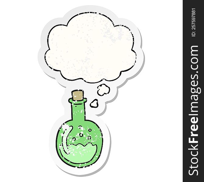 cartoon potion with thought bubble as a distressed worn sticker
