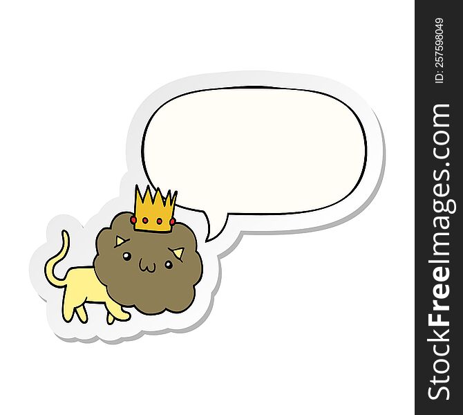 cartoon lion with crown with speech bubble sticker. cartoon lion with crown with speech bubble sticker