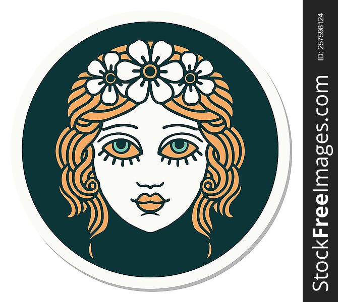 sticker of tattoo in traditional style of female face with crown of flowers. sticker of tattoo in traditional style of female face with crown of flowers