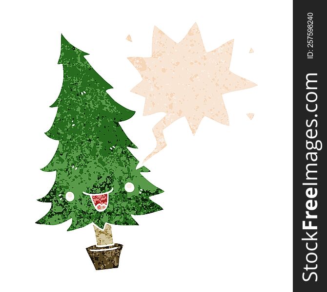 cute cartoon christmas tree and speech bubble in retro textured style