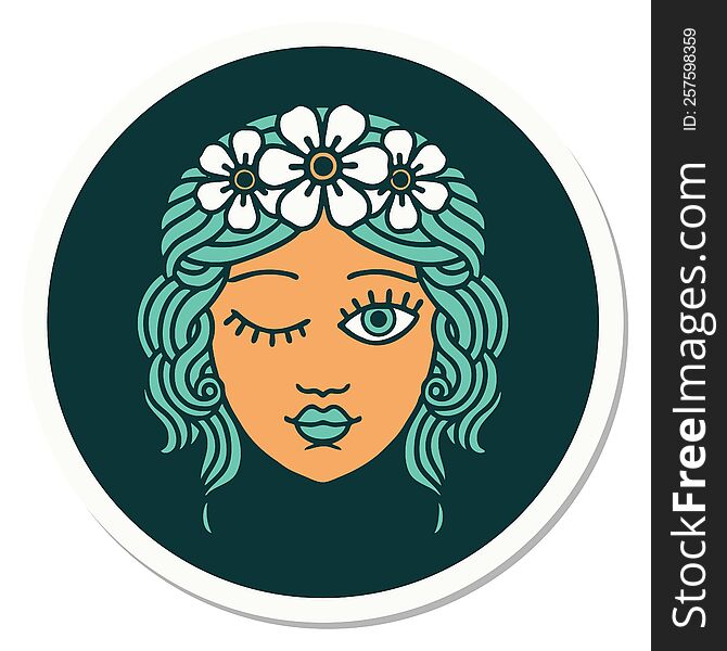 tattoo style sticker of a maidens face winking