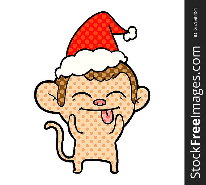 Funny Comic Book Style Illustration Of A Monkey Wearing Santa Hat
