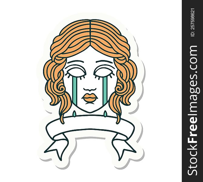 tattoo style sticker with banner of female face crying