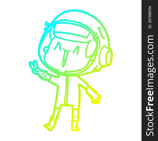 Cold Gradient Line Drawing Happy Cartoon Astronaut Giving Peace Sign