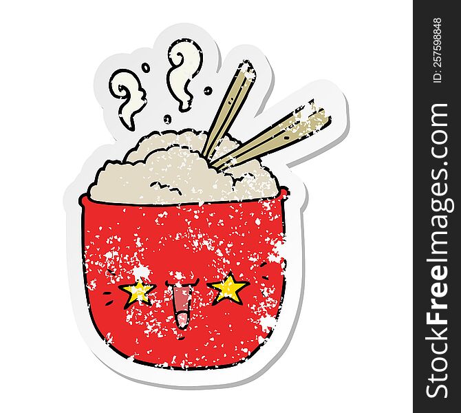 Distressed Sticker Of A Cartoon Rice Bowl With Face