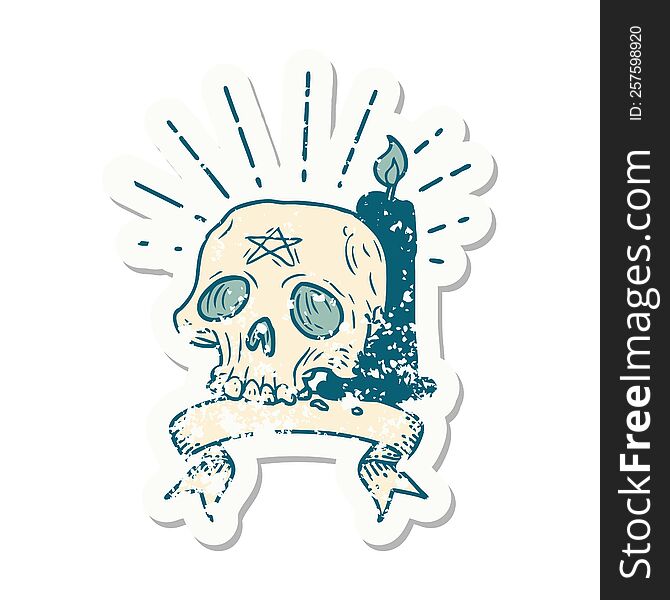 Grunge Sticker Of Tattoo Style Spooky Skull And Candle