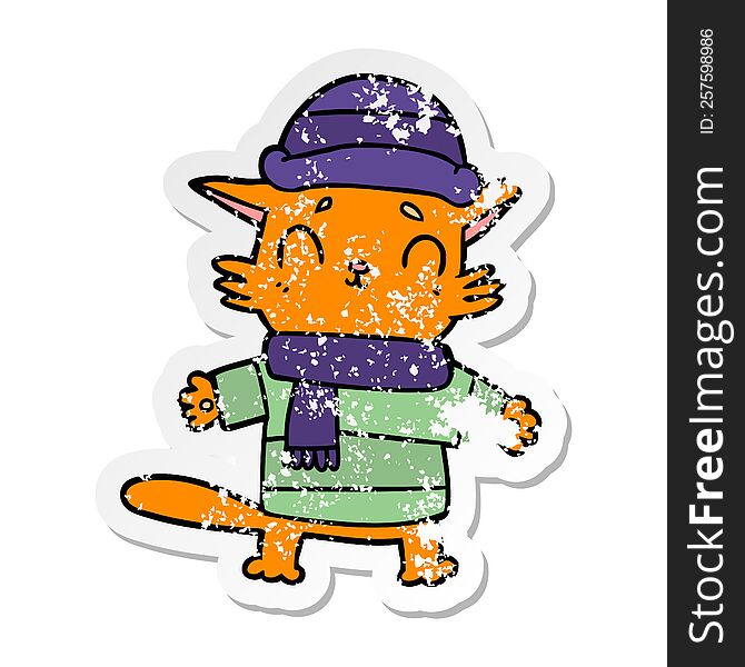 distressed sticker of a cartoon cat in winter clothes