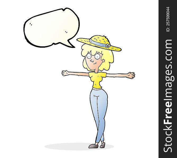 freehand drawn speech bubble cartoon woman spreading arms