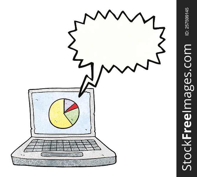 freehand speech bubble textured cartoon laptop computer with pie chart