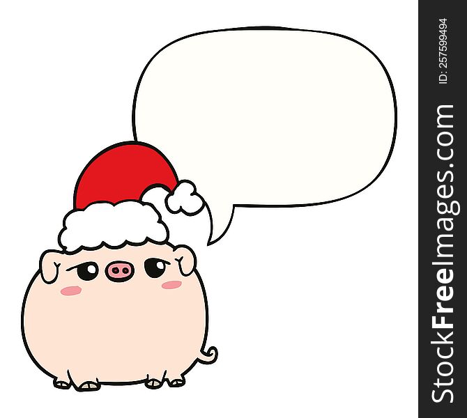 Cartoon Pig Wearing Christmas Hat And Speech Bubble
